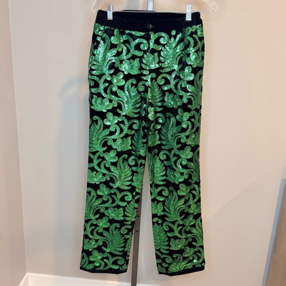 Men’s black velvet/ green sequin show stopper party pants size XS